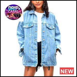 Oversized Denim Jacket, Mid-Length Biker Coat, Relaxed Fit